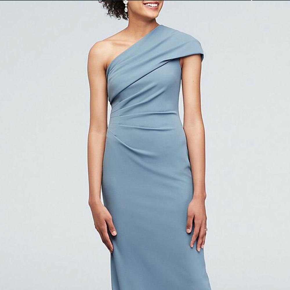 Sky Slate Blue Long Formal One Shoulder Column Dress